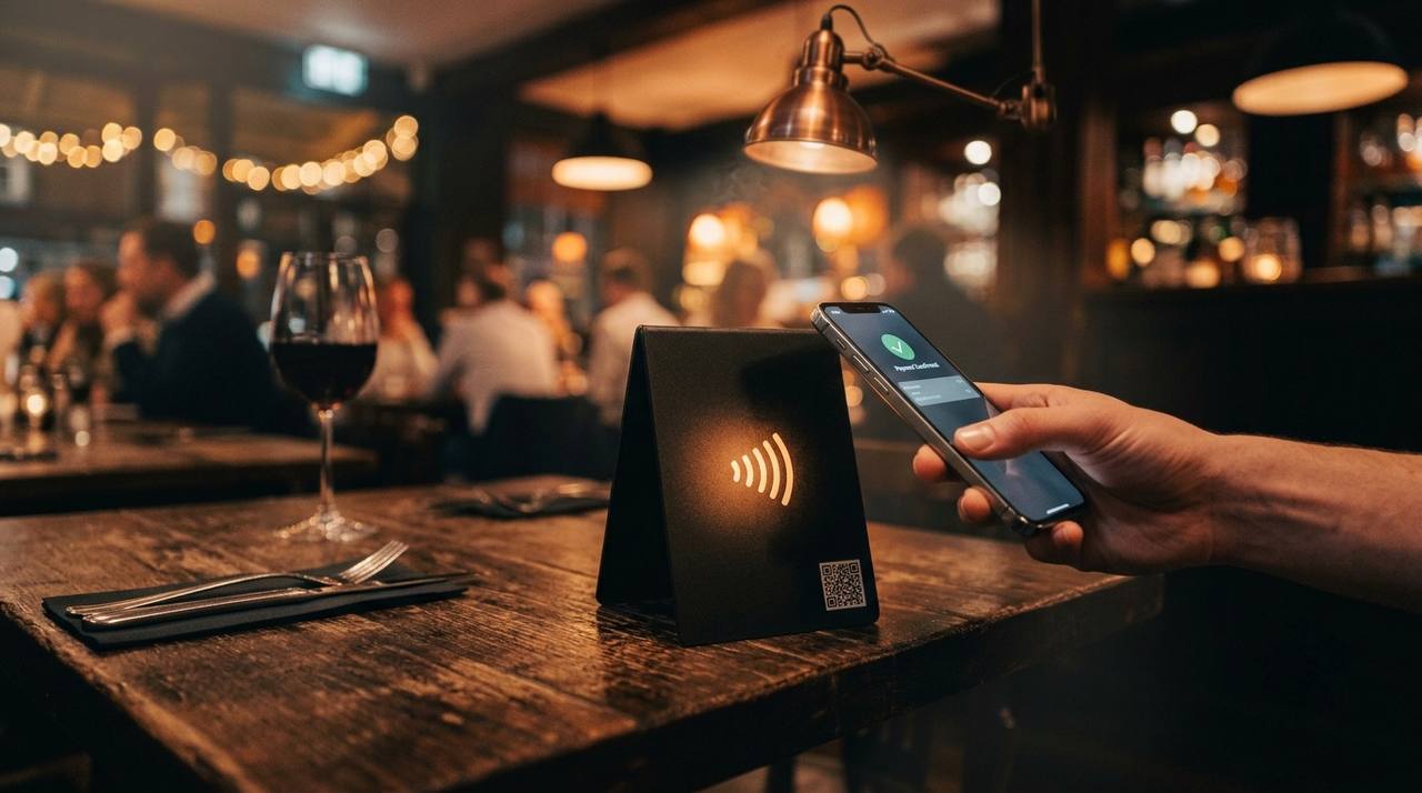 Soporte impreso en 3D Mesa Conectada con NFC y QR sobre una mesa de restaurante